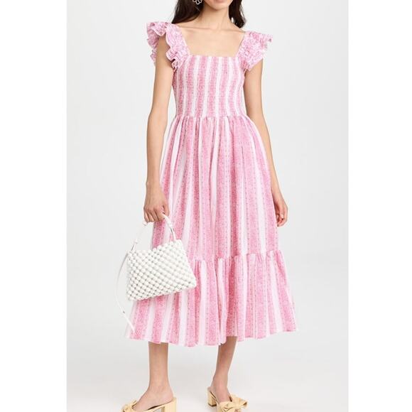MILLE Olympia Dress Pink Jaipur Stripe Print Smocked Ruffle Dress Tuckernuck L - Picture 1 of 13